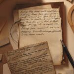 Lettres manuscrites anciennes accompagnées d’un encrier et d’une plume, illustrant un livre de souvenirs familiaux.
